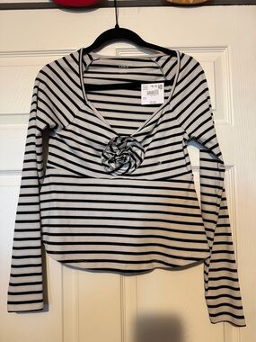 American Eagle Outfitters Black and White Striped Long Sleeve Top with Rosette
